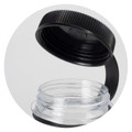 A drink bottle with a clear body and a black screw-on lid, showcasing the interior and opening.