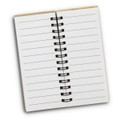 An open notebook with blank pages and a spiral binding, featuring a wooden cover.