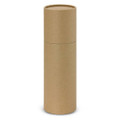 A drink bottle with a bamboo lid in a cylindrical kraft cardboard packaging. The bottle features a logo.
