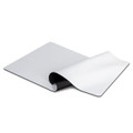 A white desk mat featuring a smooth surface, curved edges, and a textured underside for stability.