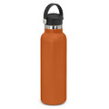 A drink bottle in vibrant orange with a black carry lid and a sleek design. It features a logo branding.