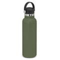 A drink bottle in matte olive green with a black carry lid and a metal accent. It features a logo.