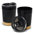 A double wall cup with a black body, a clear lid, and a textured gold base, featuring a logo.