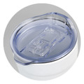 A double wall cup in white with a clear lid, featuring an integrated drinking spout and a brand logo.