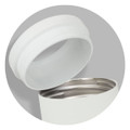 A drink bottle in white with a stainless steel interior and a removable lid, featuring a small logo.