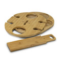A bamboo wine rack featuring a circular design with cut-out sections for bottles and a separate flat bamboo piece.