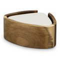 A wooden coaster set in a triangle shape with a smooth white surface, featuring a rich brown wood base and curved edges.