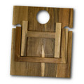 A wooden folding wine table in natural tones with a circular cutout and a logo.