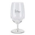 A clear wine glass with a curved bowl and a sturdy base, featuring a logo.