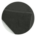 A dark green waffle towel with a textured surface and a smooth border, featuring a branding logo.