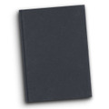 A hard cover notebook in dark grey with a smooth finish and a logo on the front.