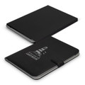A black portfolio with a lighthouse design, featuring a secure strap closure and a sleek finish.