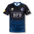 A black and blue custom men's rugby performance t-shirt featuring various logos and a distinctive design pattern.