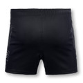 A pair of black men's rugby shorts featuring an elastic waistband and side stripes, with a logo on the lower leg.