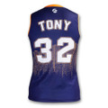 A custom women's basketball top in navy blue with orange accents and a logo. It features a design on the back.