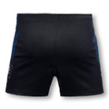 Black women's rugby shorts featuring blue stripes and a logo on the side, designed for sports activities.
