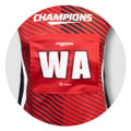 A red netball bib with black stripes, featuring a large white "WA" and a logo.