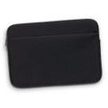 A black laptop sleeve with a zippered pocket and a sleek design. The material is smooth and sturdy, featuring a logo.
