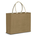 A jute tote bag in a natural brown colour with cream handles and an attached logo.