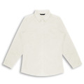 A button-up women's poplin shirt in a light cream colour with a collar and long sleeves. Features a logo.
