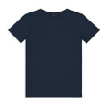 A navy blue youth T-shirt with short sleeves and a simple design, featuring a logo on the label.