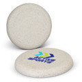 A frisbee in a speckled white colour with a logo on one side and a plain surface on the other.