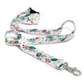 A colourful lanyard featuring various patterns and a clip for attachment, displaying a logo.