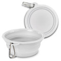 A silicone collapsible pet bowl in white with a carabiner for easy attachment. Features a smooth, circular design.
