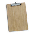A bamboo clipboard with a silver metal clip, showcasing a natural wood finish and smooth surface.