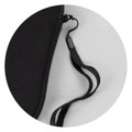 A black phone sleeve featuring a textured strap and zipper for secure storage. Contains branding on the fabric.