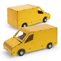 A vibrant yellow wooden model van with cut-out windows and detailed wheels, featuring a simple, playful design.
