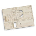 A wooden model kit of a van, featuring cutout parts for assembly. The kit includes various detailed components.