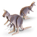 A wooden model of two kangaroos in shades of grey, featuring detailed cutouts and a logo on the base.