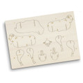 A wooden model kit featuring sheep-shaped pieces in natural wood colour, ready for assembly.