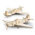 A wooden model of a plane in light brown, showcasing intricate design details and propellers. Features a logo.