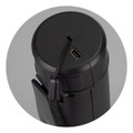 A black rechargeable torch with a charging port on the top and a strap for easy carrying.