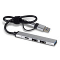 A silver USB hub with multiple ports and a connected cable, designed for technology use.