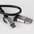 A black USB cable featuring a silver USB-A connector and a USB-C connector.