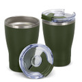 A drink bottle set featuring two olive green vacuum cups with clear lids. One lid is detached from a cup.