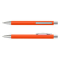 An orange soft-touch pen with silver accents, featuring a clip and a smooth barrel design.
