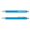 A blue soft-touch pen with silver accents and a clip, featuring a sleek design and a logo.