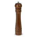 A wooden pepper mill in a warm brown finish, featuring a rounded top and elegant grooves. It has a logo on the base.