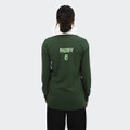 A unisex rugby jersey in green, featuring a white collar and a logo on the back.