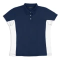 A navy and white women's polo shirt featuring a classic collar, button placket, and a logo.