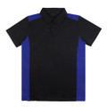 A black polo shirt with blue side panels, featuring a collar and three buttons, with a logo on the chest.