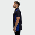 A men's polo shirt in navy blue with blue side panels and a logo.