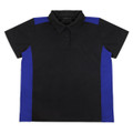 A black polo shirt with blue side panels and a collared neckline, featuring buttons and a logo.