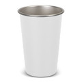 A drink bottle with a white exterior and a stainless-steel interior, featuring a simple design and a logo.
