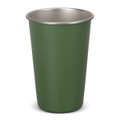 A drink bottle featuring a green exterior and a silver interior, with a simple design and a logo on it.