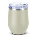 A drink bottle in a soft green hue with a transparent lid and a silver band near the top. Features a logo.